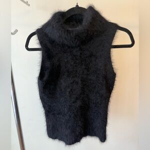 Furry Black Sleeveless Turtleneck Knit Top